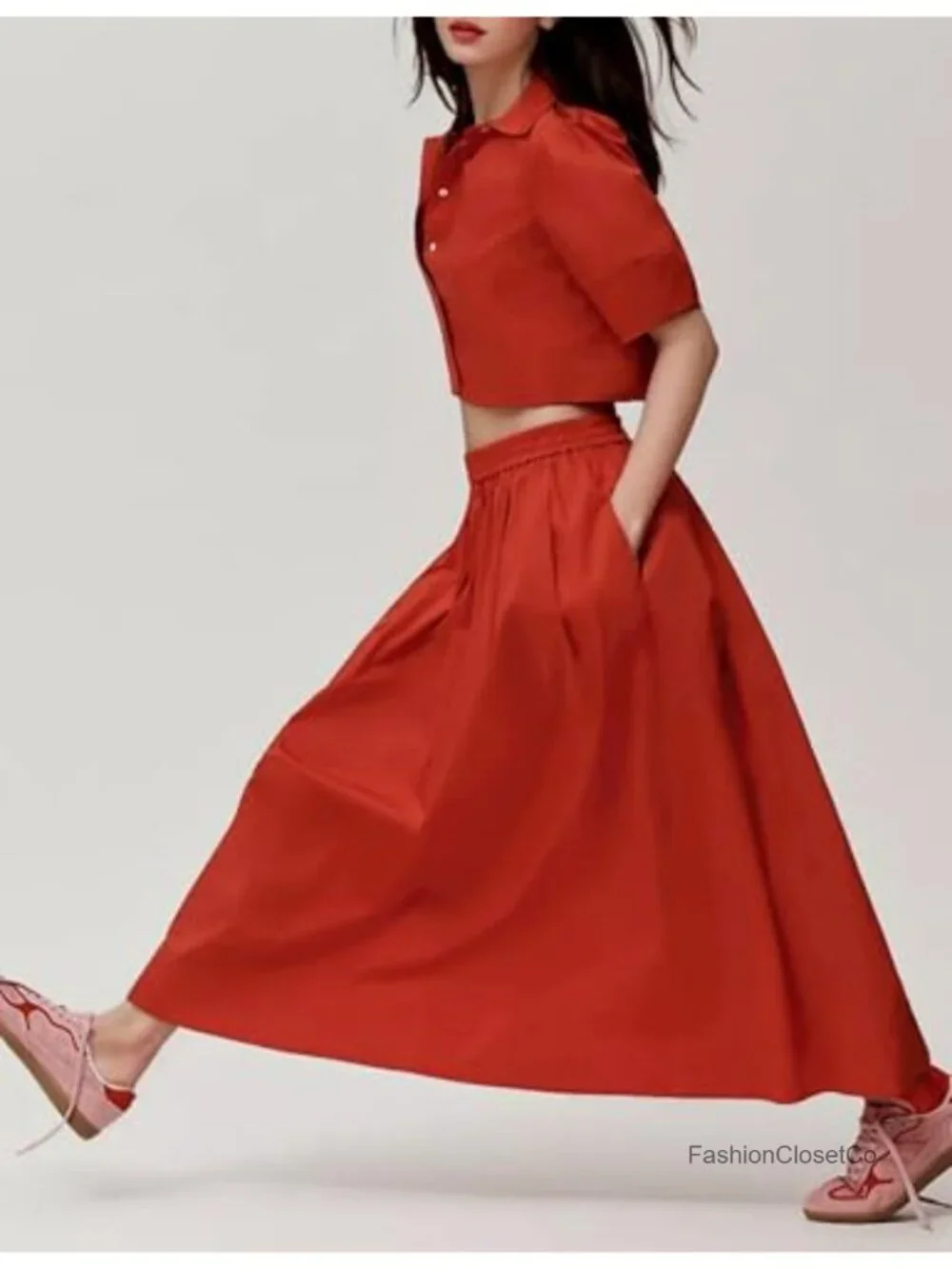2 Piece Outfit Skirt Set Short Sleeve Top Maxi Skirt with Pockets